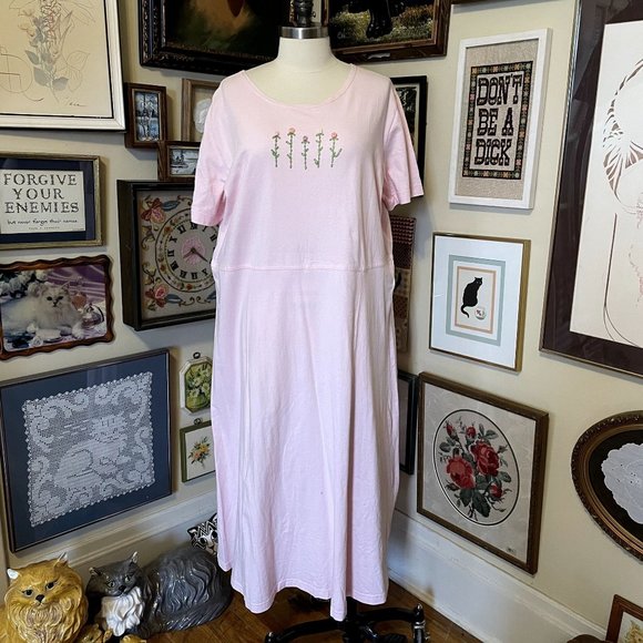 90s Vintage Coldwater Creek Pastel Pink 100% Cotton Short Sleeve Maxi Dress 2X - Picture 2 of 7